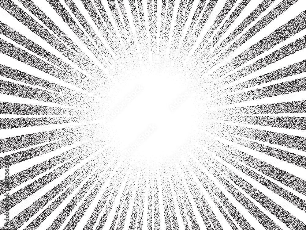 Poster dotwork noise burst beam background. black noise stipple dots sunburst pattern. motion, explosion ef