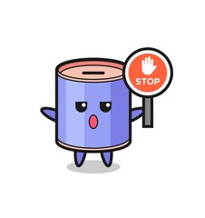 cylinder piggy bank character illustration holding a stop sign