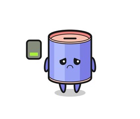cylinder piggy bank mascot character doing a tired gesture