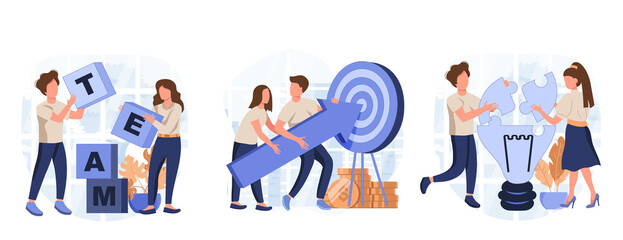 Teamwork concept isolated person situations. Collection of scenes with people collaborate, generate ideas, targeting, leadership, achieve business goals. Vector illustration in flat design