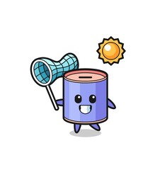 cylinder piggy bank mascot illustration is catching butterfly