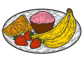 On a plate cake and fruits. Line art sketch picture. Hand drawn. - obrazy, fototapety, plakaty