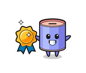 cylinder piggy bank mascot illustration holding a golden badge
