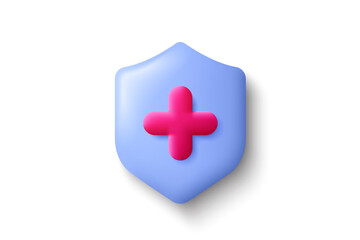 Obraz premium Health care 3d shield icon. Medical insurance concept. Safe pharmacy, emergency care. 3d render health insurance icon. Medical protection shield, immune defense. Vector