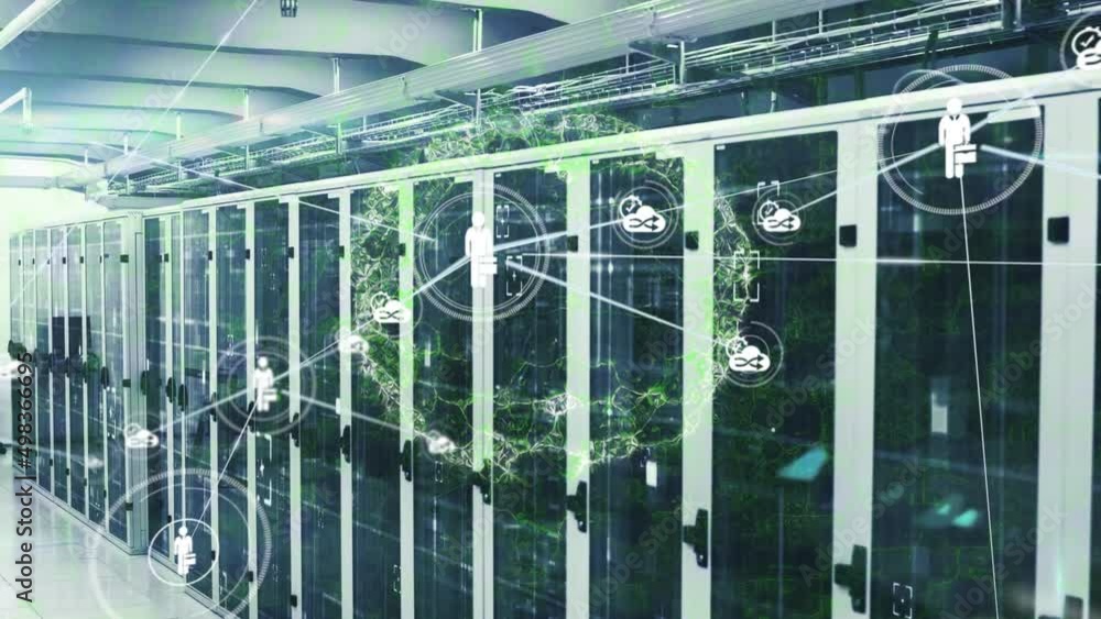 Poster animation of network of connection with icons over severer room