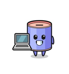 Mascot Illustration of cylinder piggy bank with a laptop