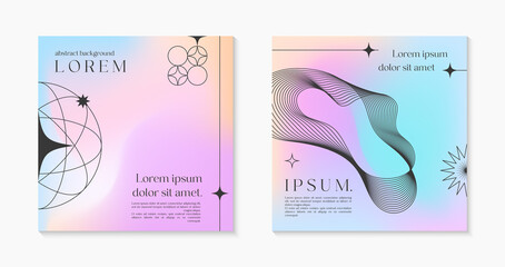 Vector mesh gradient backgrounds with wireframe geometric shapes,copy space for text.Abstract illustrations in y2k aesthetic.Pastel colors.Trendy minimalist designs for banners,social media,covers.