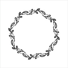 Vector hand drawn spring wreath isolated on white background. Outline circle of leaves. Doodle style. Floral frame. Family monogram.