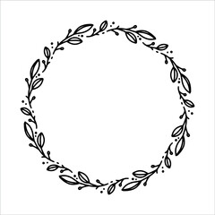 Vector hand drawn spring wreath isolated on white background. Outline circle of leaves. Doodle style. Floral frame. Family monogram.
