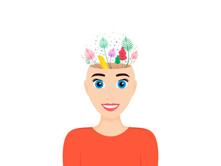 Mental health, positive mind and psychology concept. Human head with leaves and trees. Positive thinking, mental health care, healthy mind. Happy brain, psychotherapy illustration. Vector