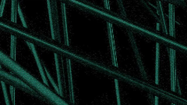 Abstract 3D dark green straight stripes flowing slowly on a black background. Motion. Effect of VHS video recording.