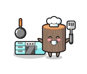 tree stump character illustration as a chef is cooking