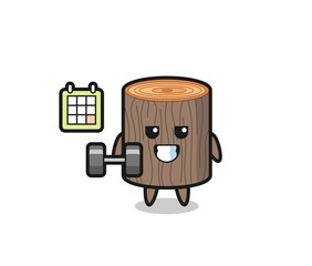 tree stump mascot cartoon doing fitness with dumbbell