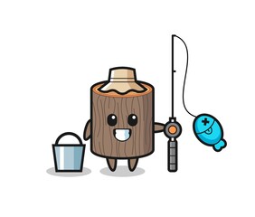 Mascot character of tree stump as a fisherman