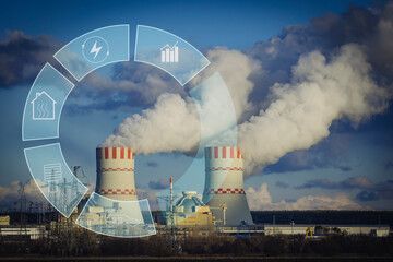 Nuclear power plant cooling tower with digital icons of profit use nuclear energy. European energy...