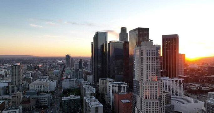 Downtown of Los Angeles California. Los Angels, California, USA downtown cityscape with skyscrapers. Flmed LA by drone.