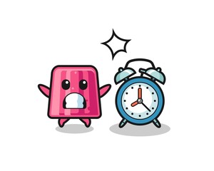 Cartoon Illustration of jelly is surprised with a giant alarm clock
