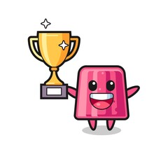 Cartoon Illustration of jelly is happy holding up the golden trophy