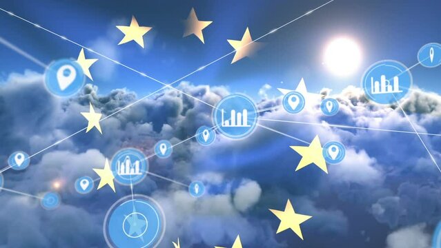 Animation of network of connection and icons over ue flag and cloudy sky
