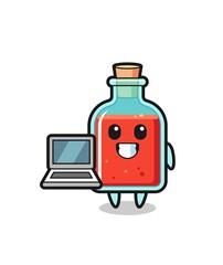 Mascot Illustration of square poison bottle with a laptop