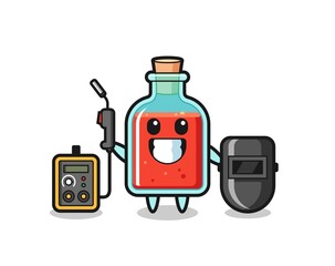 Character mascot of square poison bottle as a welder