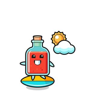 Illustration of square poison bottle cartoon do surfing on the beach