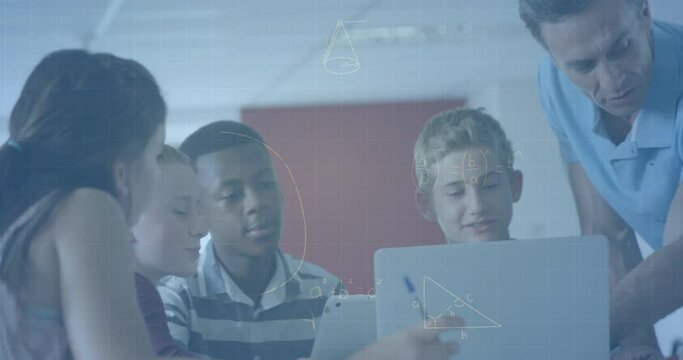 Animation of mathematical equations with male teacher and school children using laptop in classroom