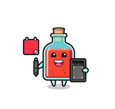 Illustration of square poison bottle mascot as a graphic designer