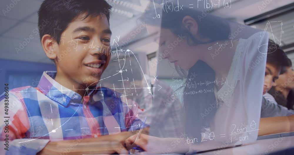 Poster animation of mathematical equations over schoolboy using laptop in classroom