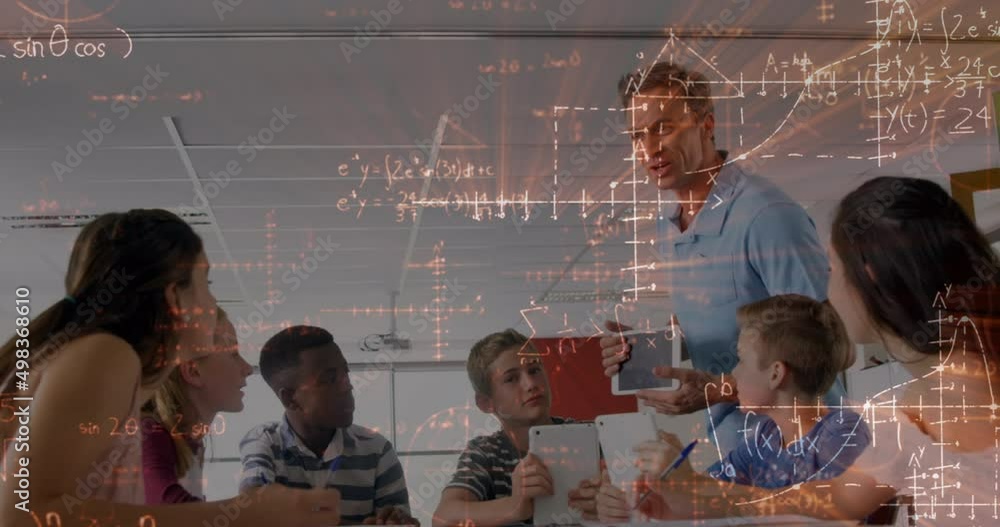 Poster animation of mathematical formulas over students and teacher in classroom