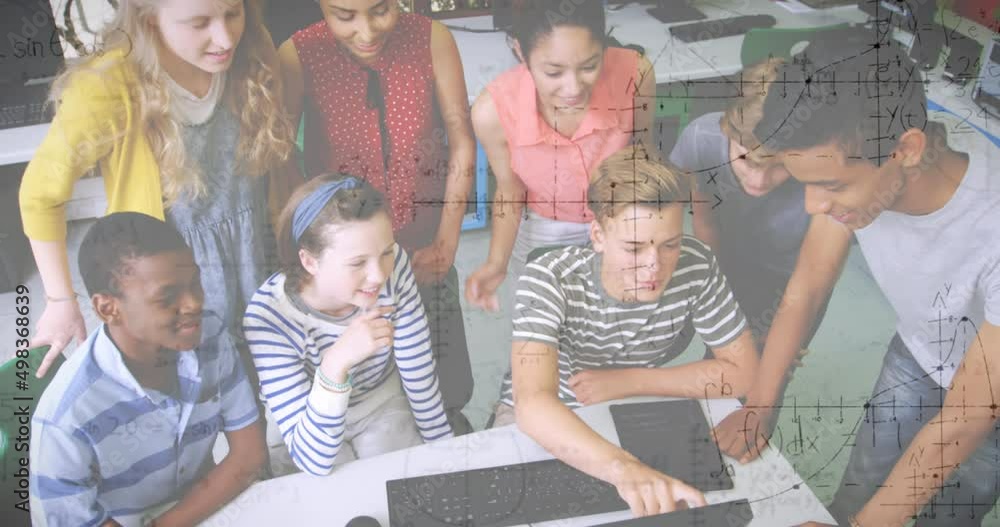 Poster animation of mathematical equations with school children using computer in classroom