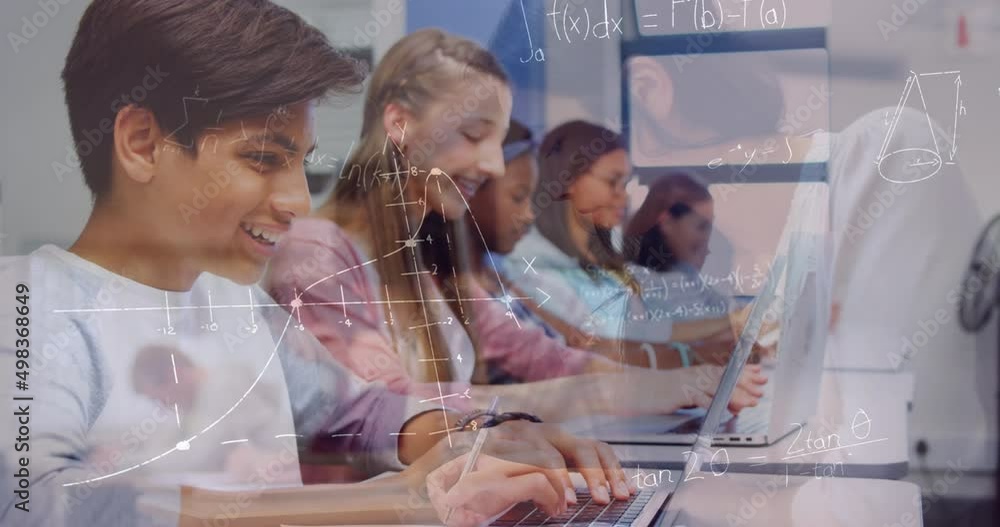 Poster animation of mathematical formulas over students in classroom