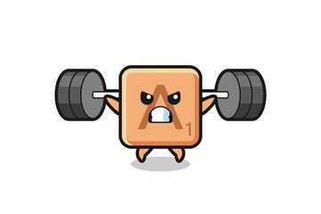 scrabble mascot cartoon with a barbell