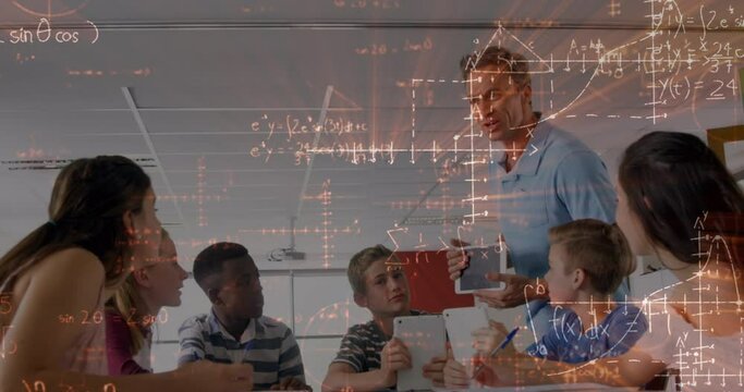 Animation of mathematical formulas over students and teacher in classroom