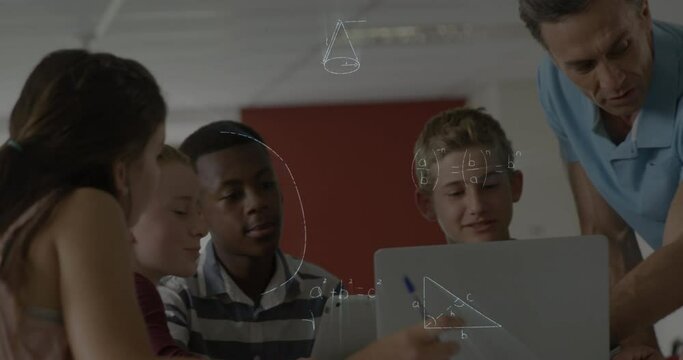 Animation of mathematical equations over male teacher and school children using laptop in classroom