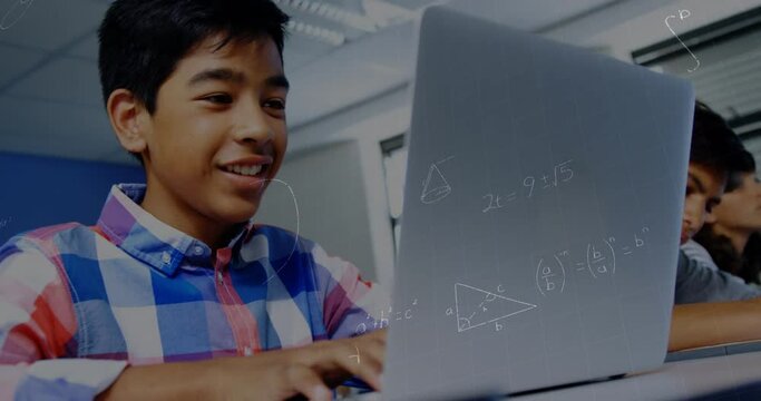 Animation of mathematical equations over schoolboy using laptop in classroom
