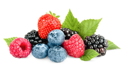 a bunch of strawberries, raspberries, blueberries and blackberries on a white isolated background