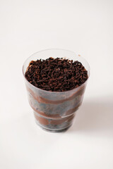 sweet dessert chocolate in a disposable bowl. food delivery