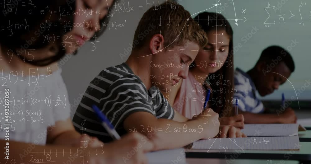 Poster animation of mathematical formulas over students in classroom