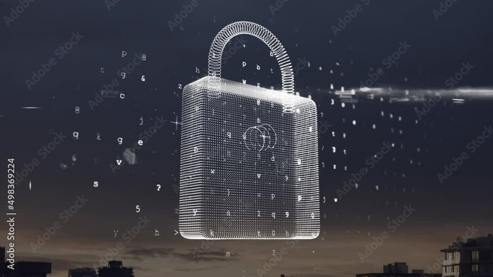 Poster animation of padlock and data processing over cityscape