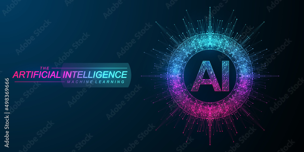Leinwandbilder Artificial intelligence logo. Machine Learning concept. Digital Brain. Neural Networks and Learning Processing Big Data. Data flow background. Vector illustration