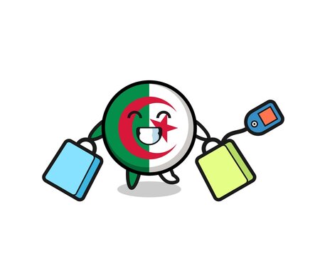 algeria flag mascot cartoon holding a shopping bag