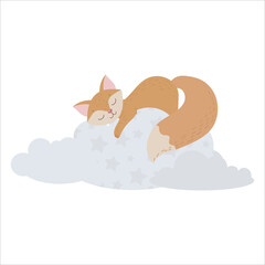 Cute fox sleeps on a cloud. The red fox hides among the clouds. Balloons and airship. Children's illustration, Cute print, vector. Isolated on a white background.