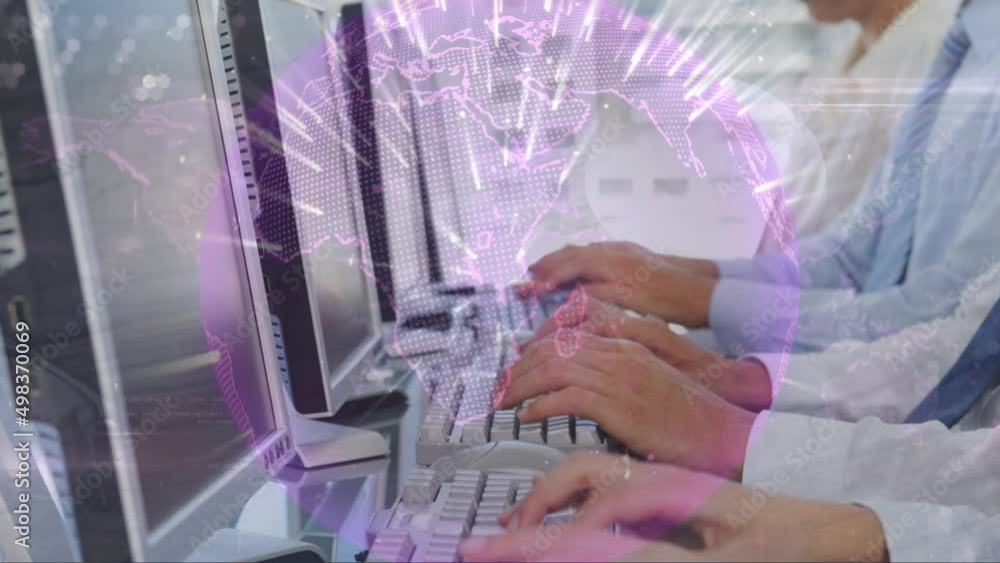 Poster animation of globe over business people using computers