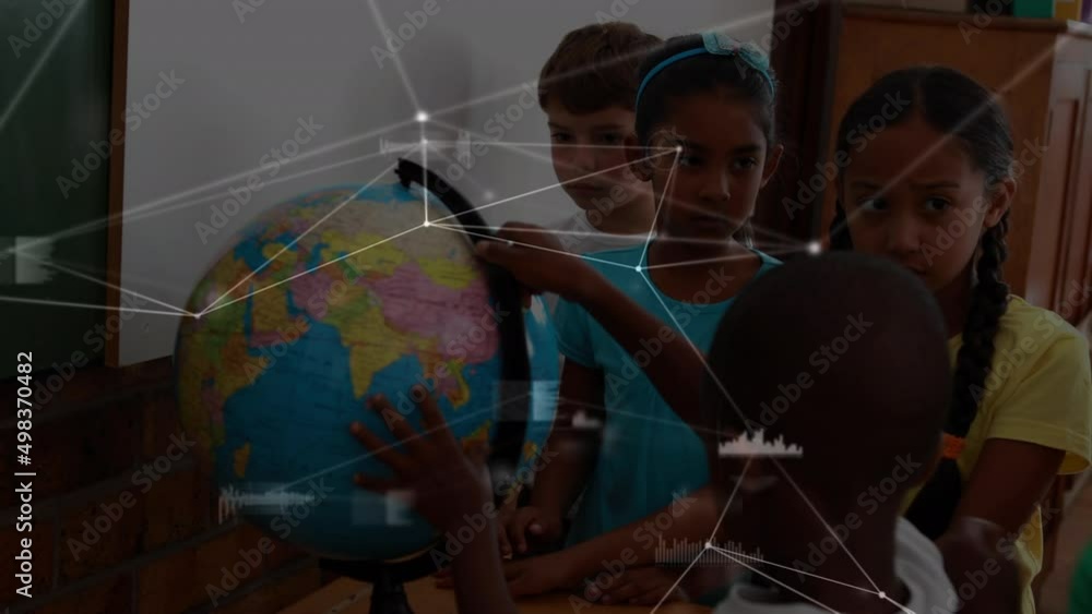 Wall mural Animation of networks of connections over diverse schoolchildren reading globe