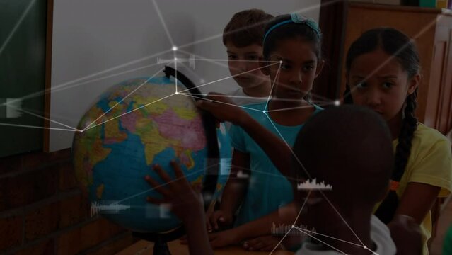 Animation of networks of connections over diverse schoolchildren reading globe