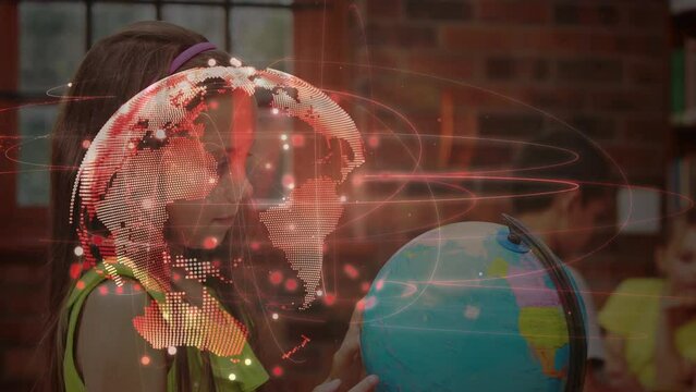 Animation of digital globe over caucasian schoolgirl reading globe
