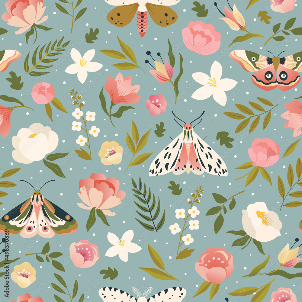 Wall mural Colorful seamless pattern with insects and flowers. Summer floral repeat background for fabrics or wallpapers. Butterfly design.