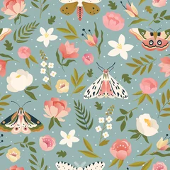 Colorful seamless pattern with insects and flowers. Summer floral repeat background for fabrics or wallpapers. Butterfly design.