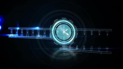 Animation of clock moving and dna strands on black background - Powered by Adobe